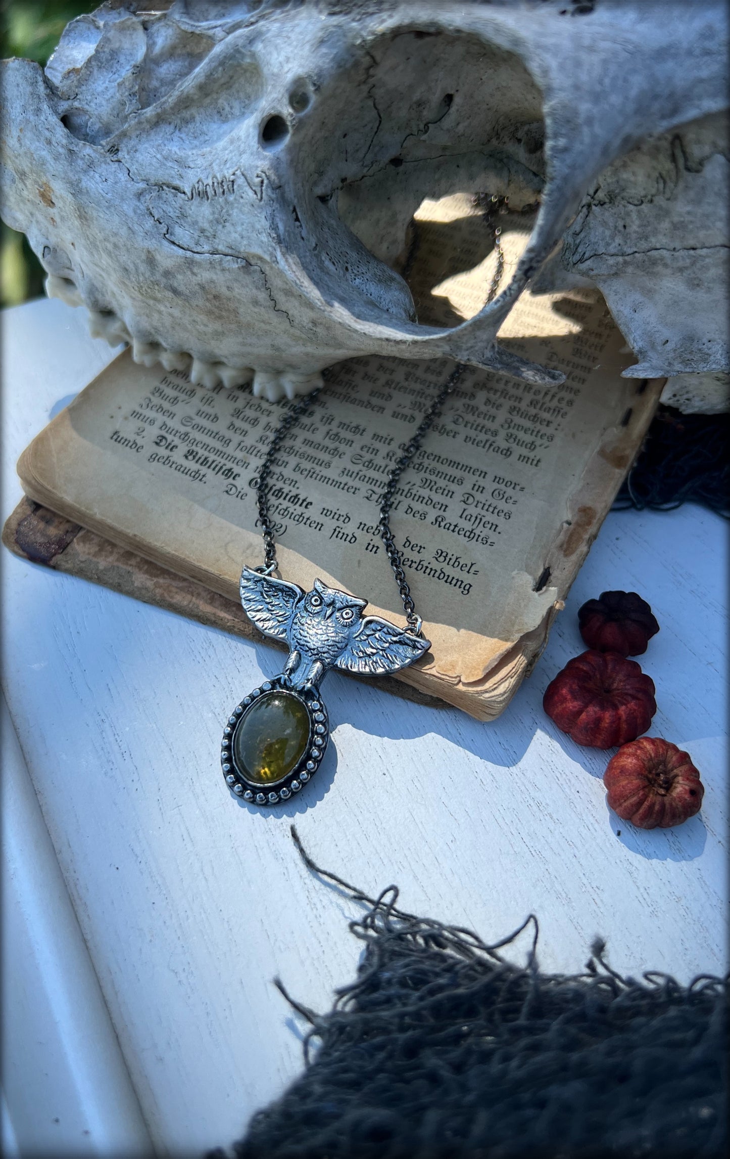 Glaukopis~Hand crafted Sterling owl with Olive vesuvianites statement pendant necklace~