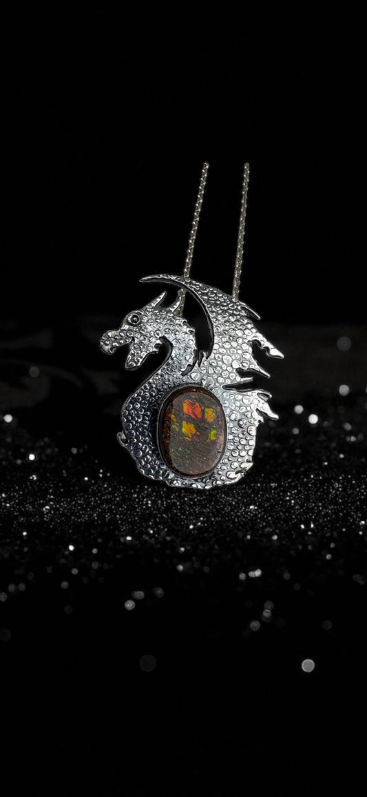 Ashfang Guardian — Sterling Silver Dragon Necklace with Australian Boulder Opal
