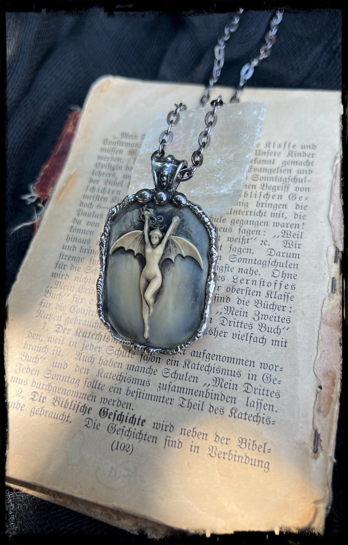 La Femme Chauve-Souris ~resin bat woman black & blue antiqued patina hand crafted Tiffany technique necklace~