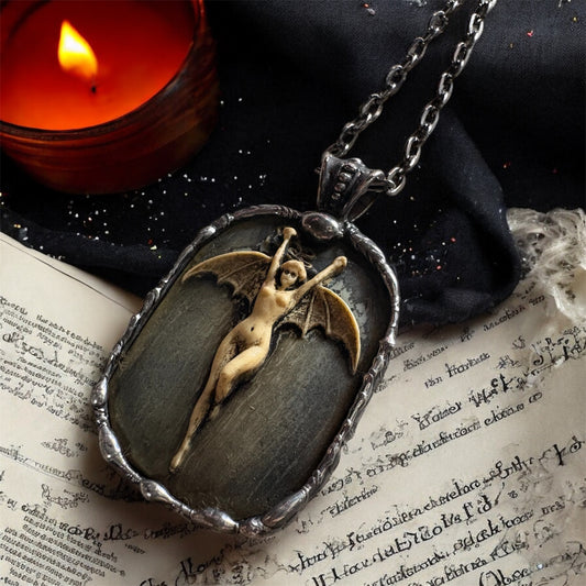 La Femme Chauve-Souris ~resin bat woman black & blue antiqued patina hand crafted Tiffany technique necklace~