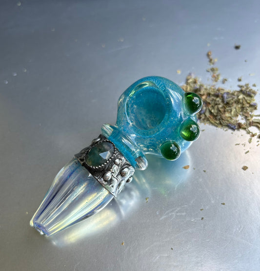 Stoned Alchemy -Ceremonial herb vessel(pipe)molten metal & green kyanite
