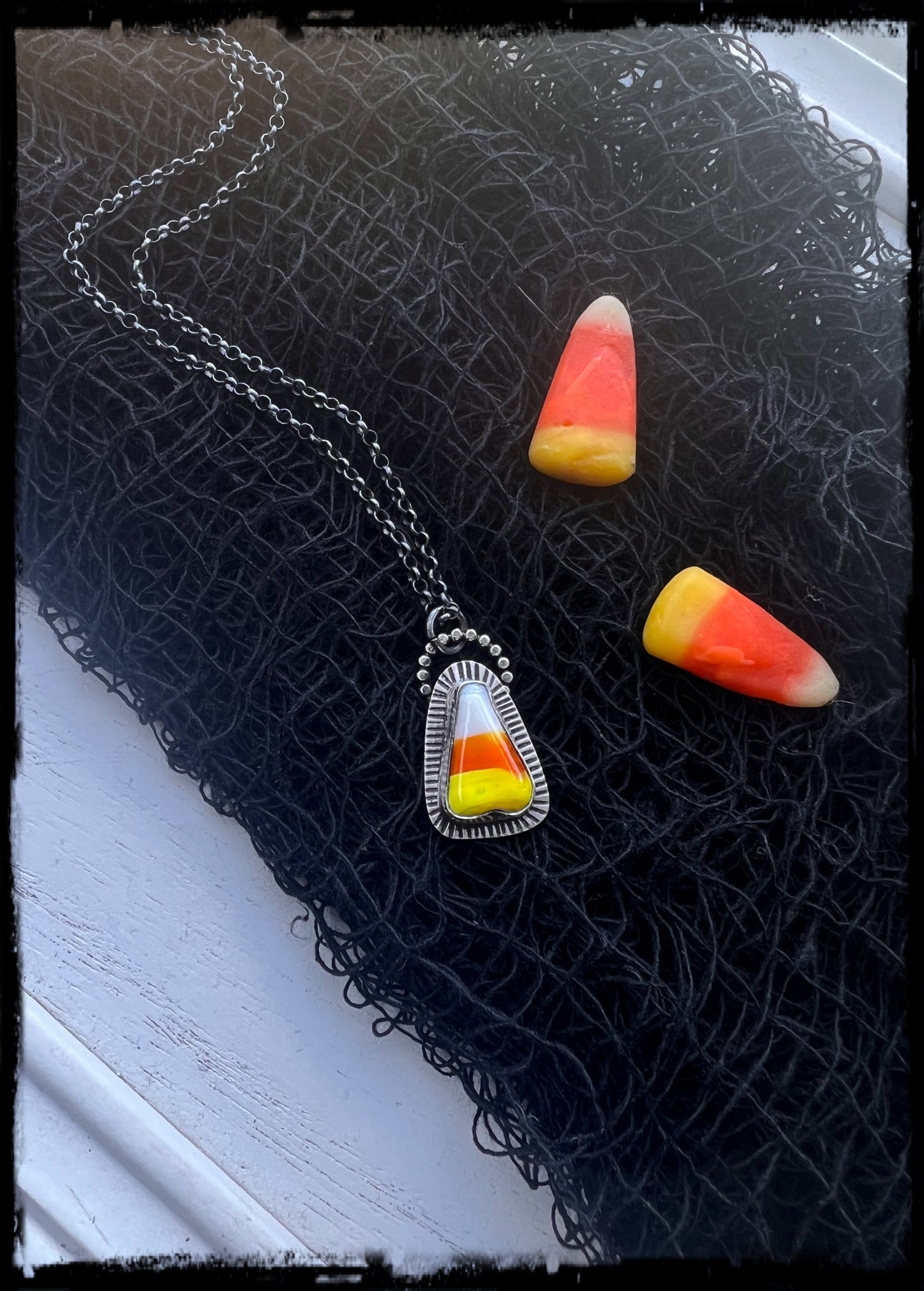 Trick or treat~Hand crafted Sterling silver Glass blown candy corn pendant layering necklace~