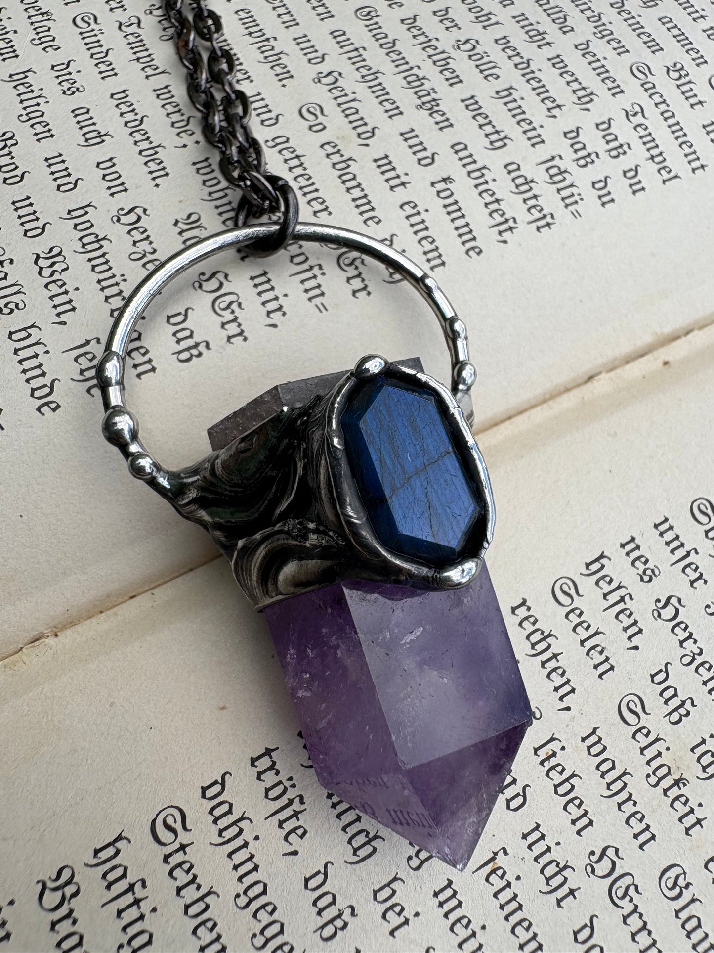 Handcrafted amethyst and blue labradorite crystal Talisman necklace-