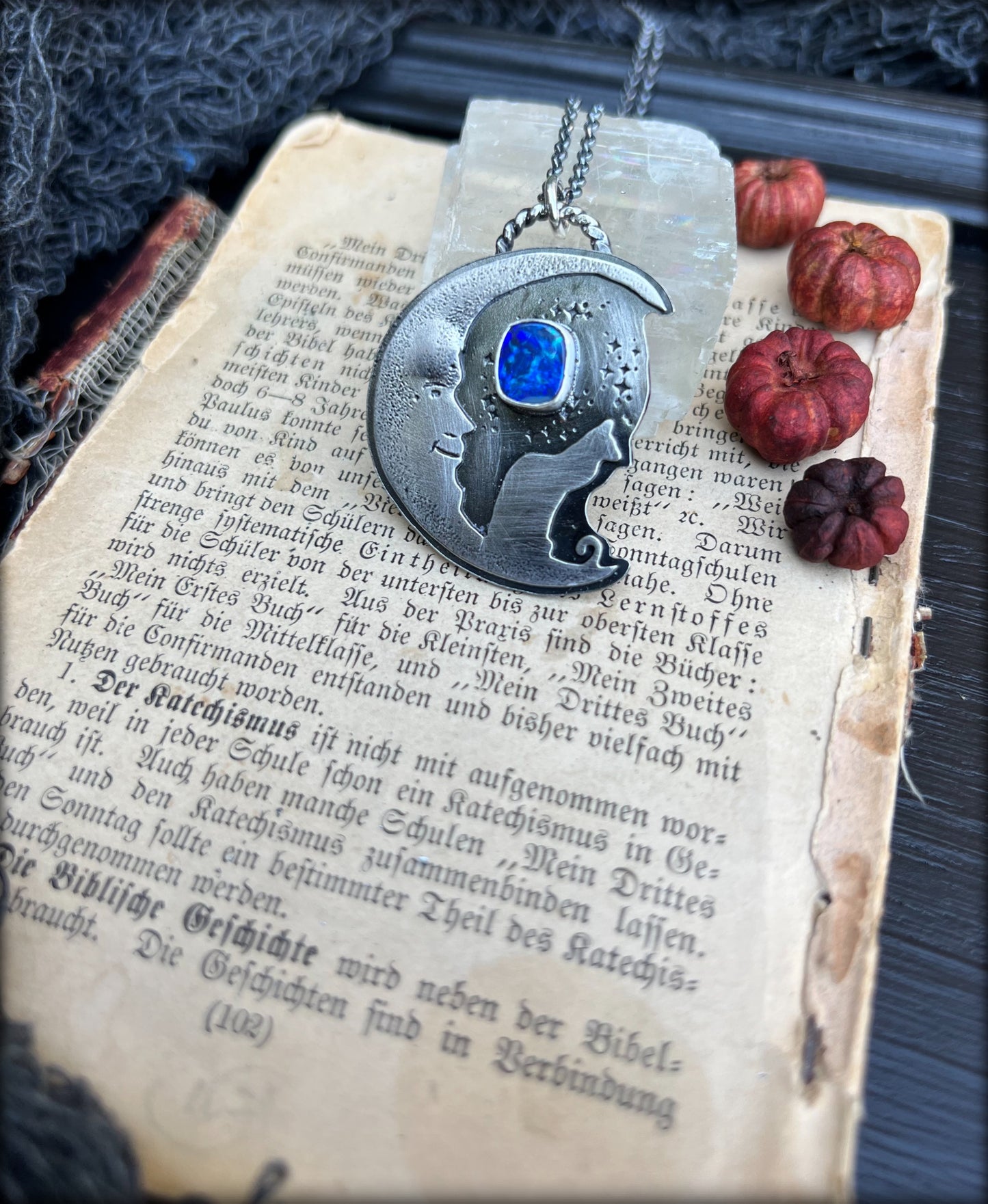 Dream a little dream~Sterling silver crescent man in the moon & cat boulder opal necklace ~
