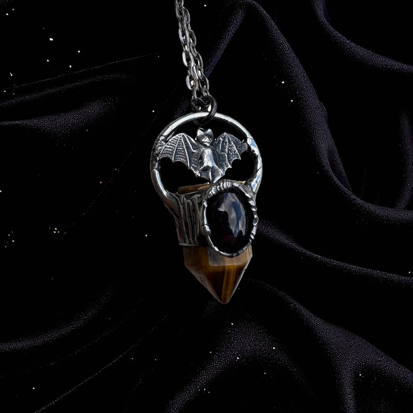 The Nocturne Talisman | Tiger’s Eye & Star Garnet Bat Necklace