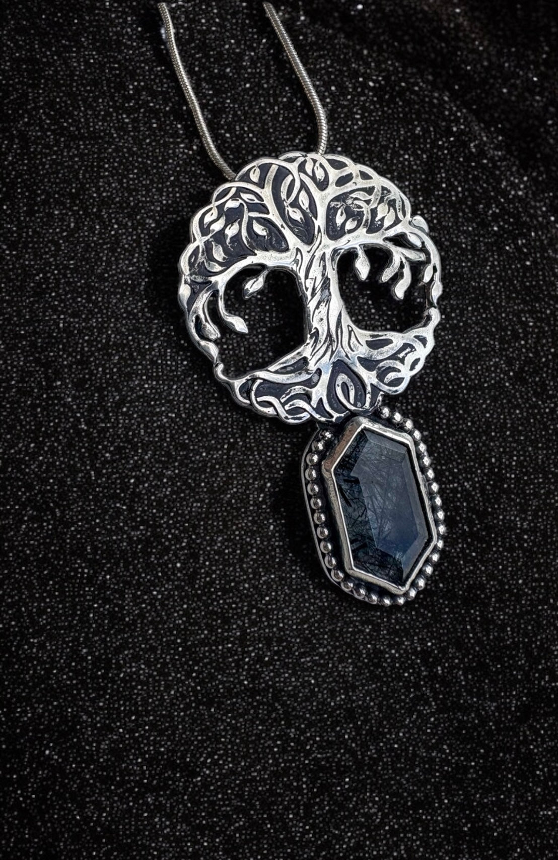Rooted wisdom amulet— sterling and fine silver terminated black tourmaline quartz necklace