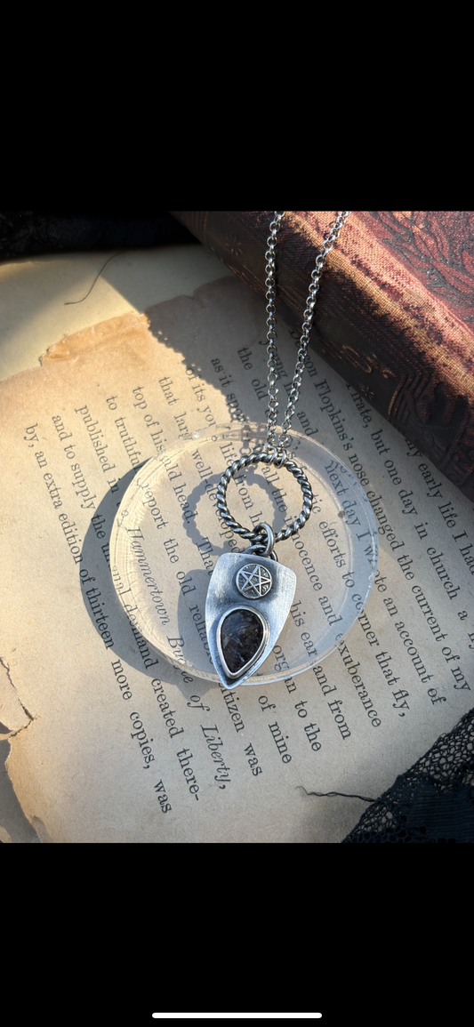 Sterling and fine silver super seven stone pentagram pagan witchy shield necklace ~