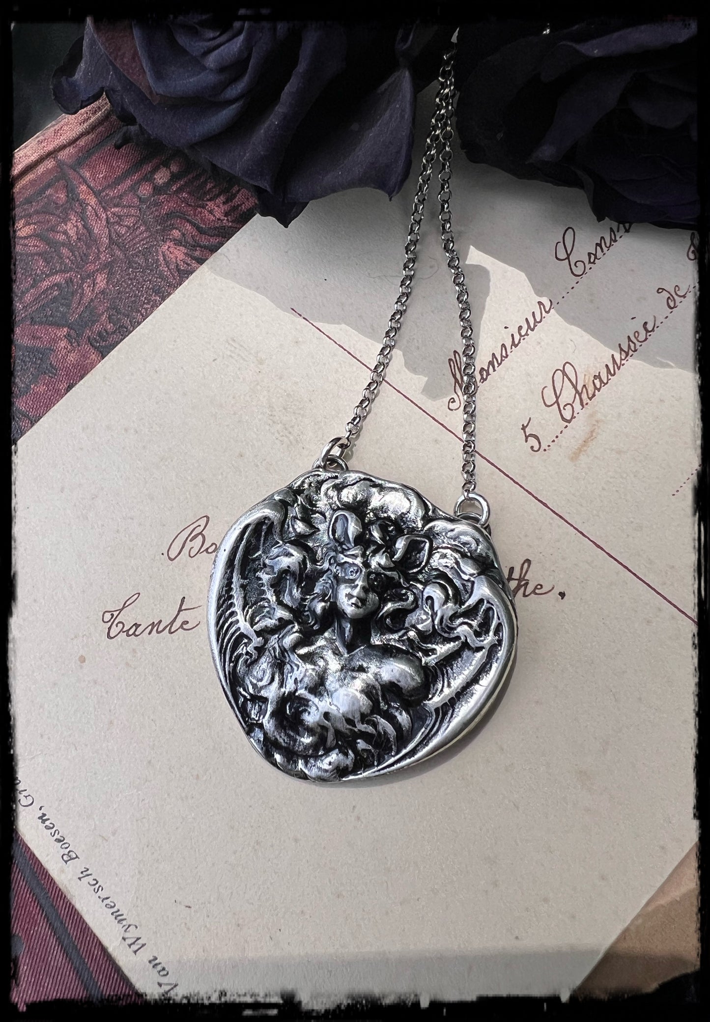 Unger Bros die cast Bat woman sterling and fine silver necklace MTO~