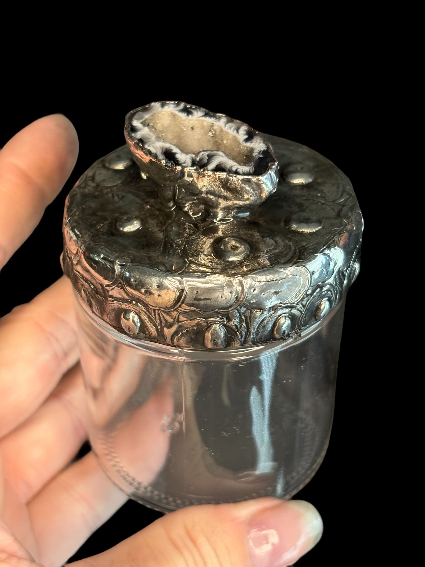 Stoned Alchemy High Priestess herbal jar with decorative geode lid clear glass bottom-