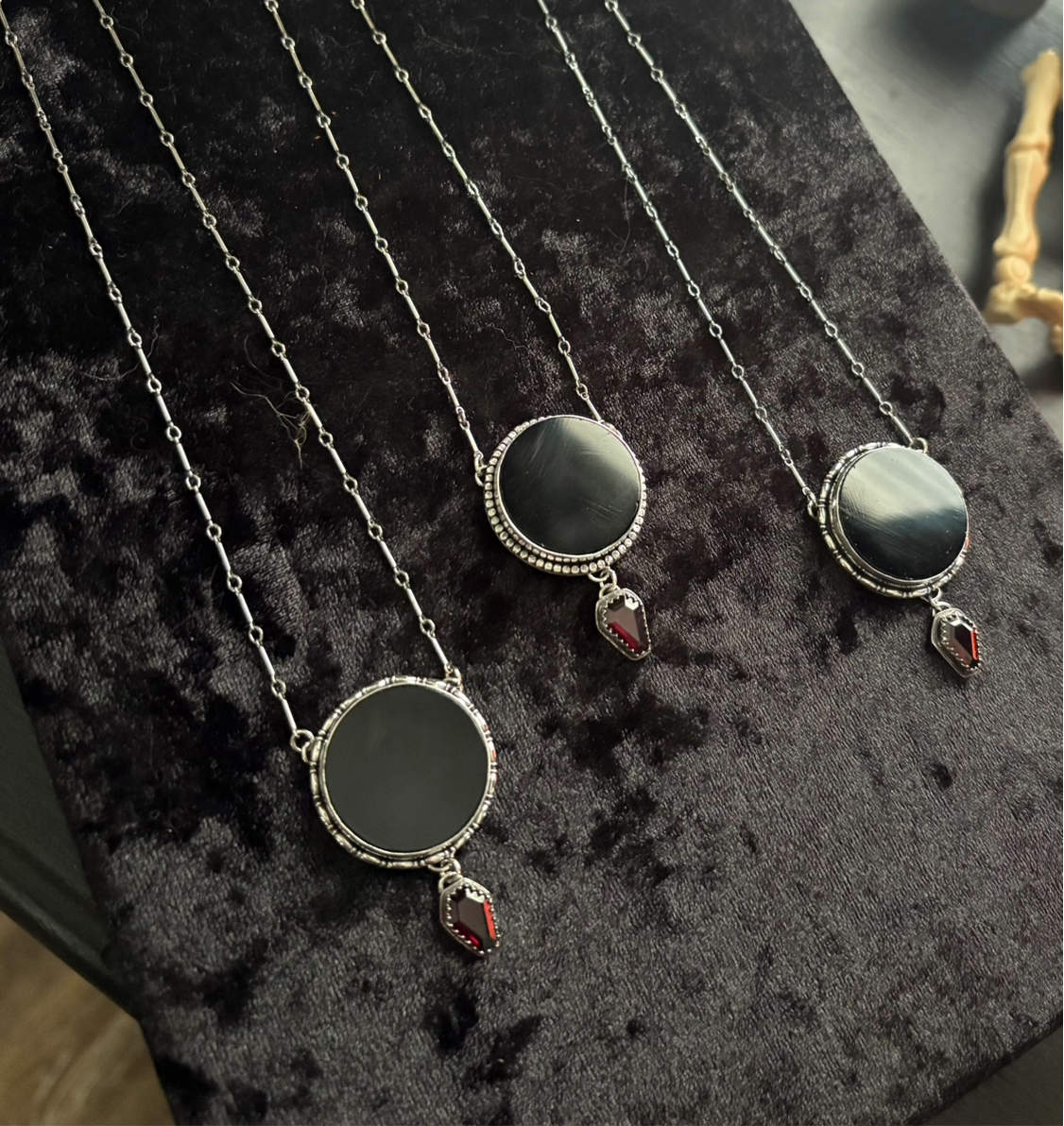 The Obsidian Veil-obsidian scrying mirror with coffin cut garnet Sterling silver necklace-