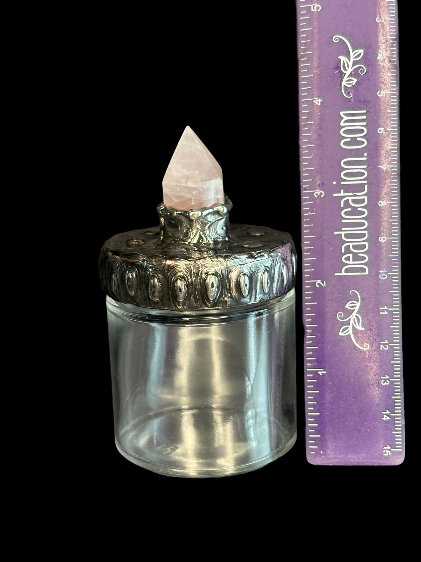 Stoned Alchemy High Priestess herbal jar with decorative rose quartz crystal lid clear glass bottom-