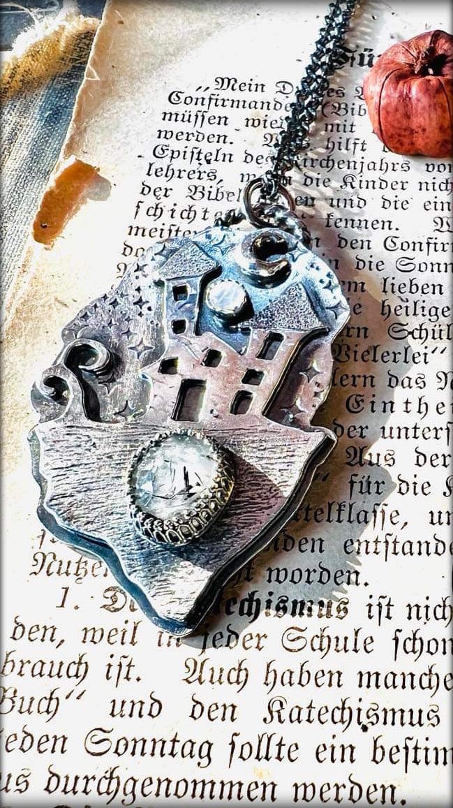Haunted House~Hand crafted Sterling silver haunted house with rose cut black tourmaline included quartz & rainbow moonstone necklace~