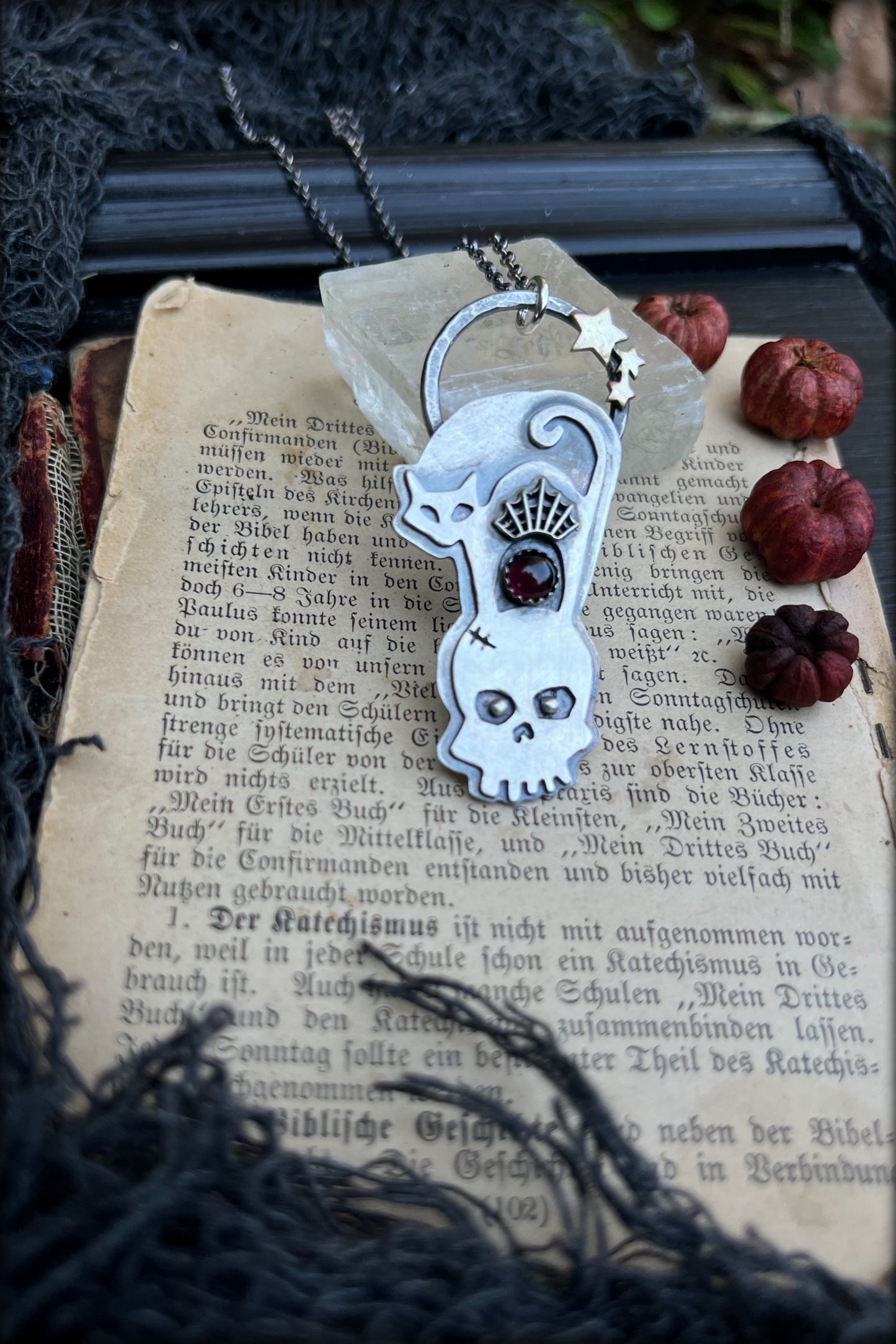 Scaredy-cat ~Hand crafted Sterling silver cat & skull with spiderweb garnet statement necklace ~