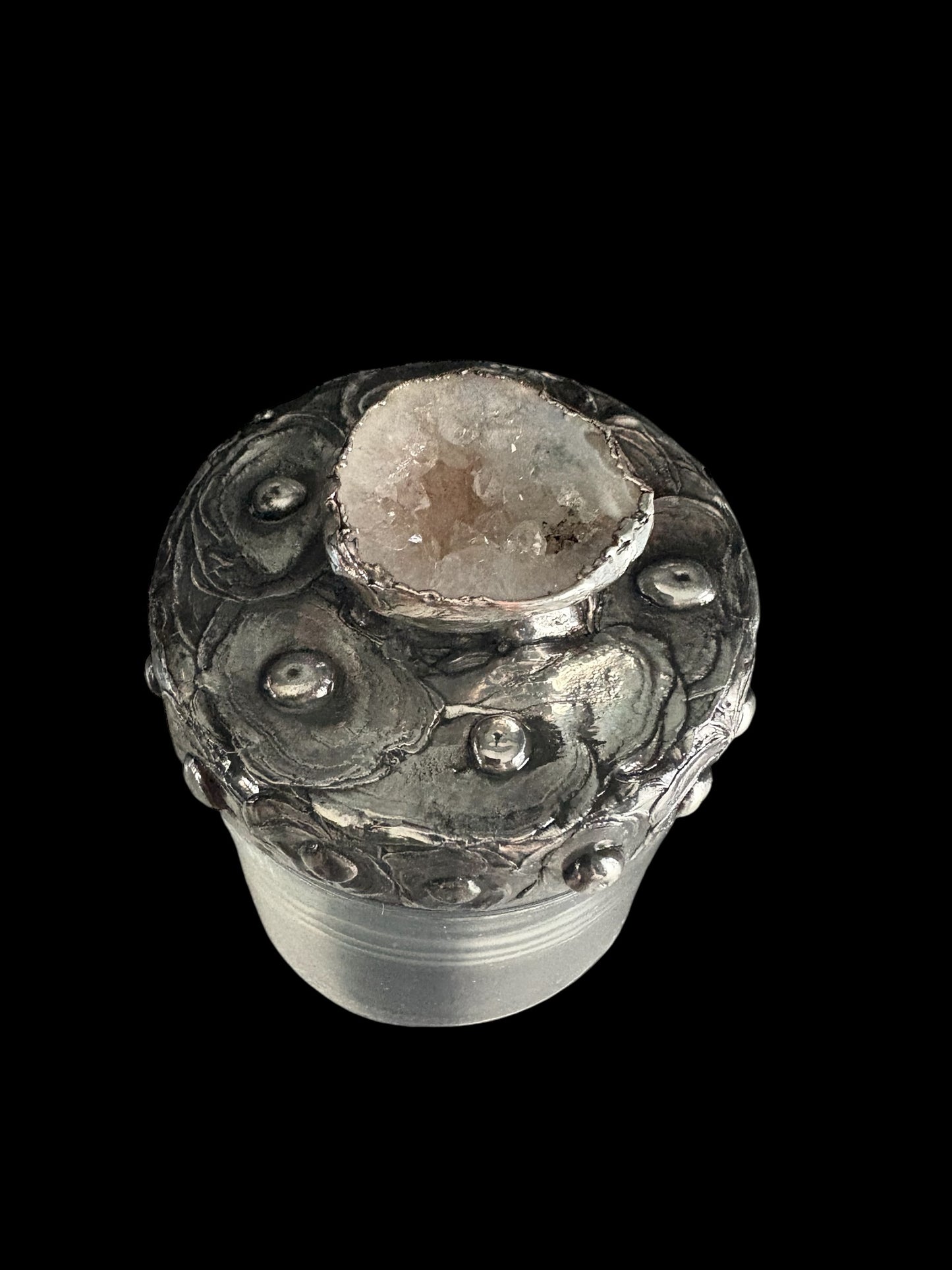 Stoned Alchemy High Priestess herbal jar with decorative geode lid clear glass bottom-