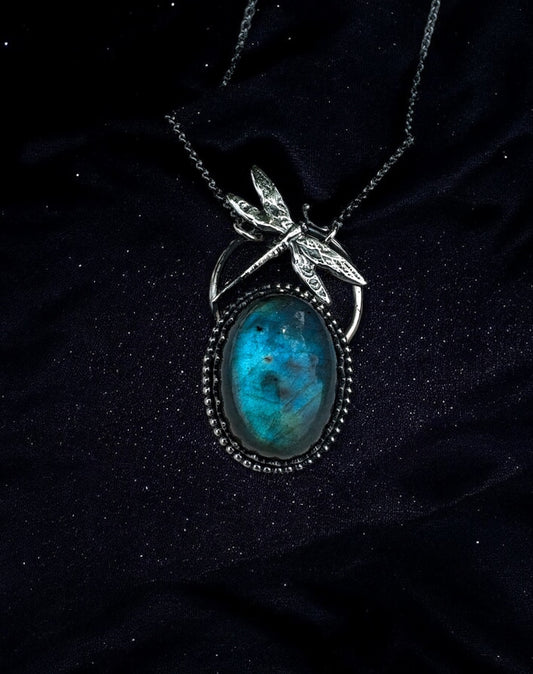 Enchanted Flight ~ Handcrafted Labradorite & Sterling Silver Dragonfly Pendant necklace ~