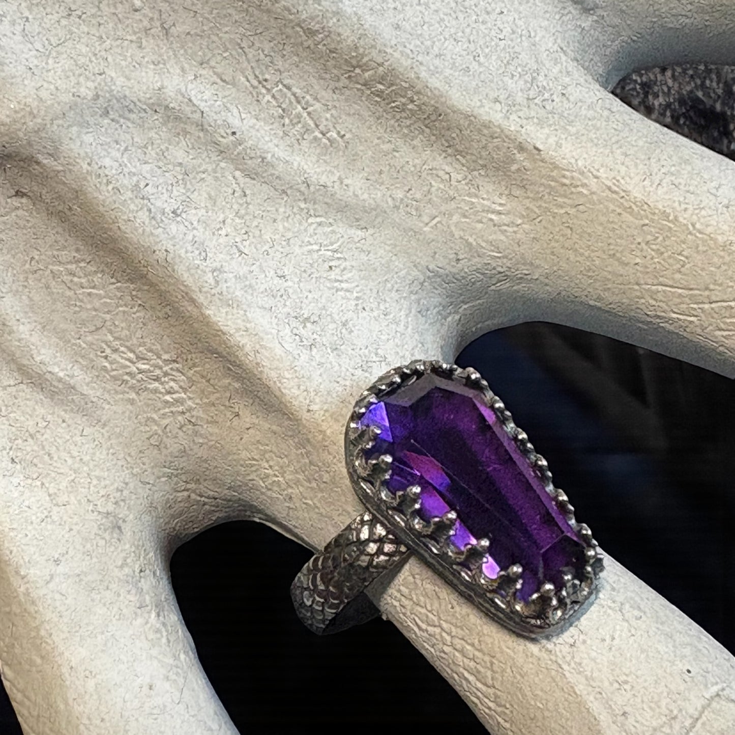 Haunted~Sterling and fine Silver coffin cut amethyst ring size 7-