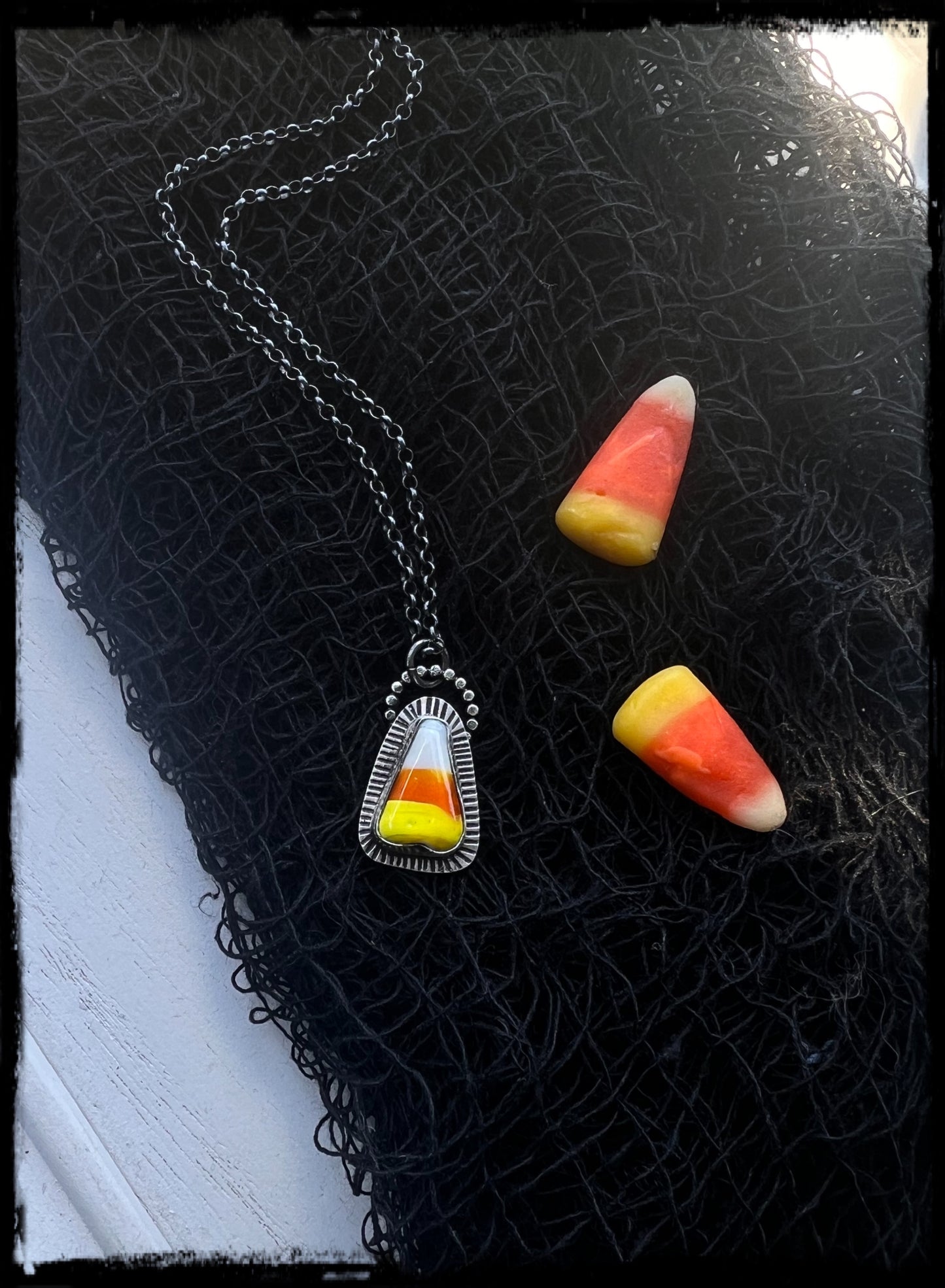 Trick or treat~Hand crafted Sterling silver Glass blown candy corn pendant layering necklace~