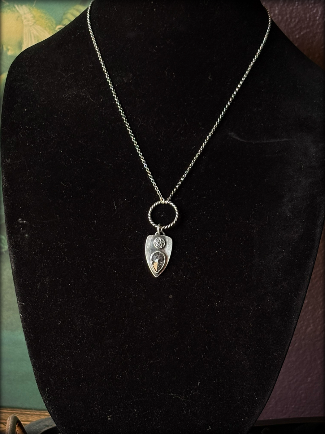 Sterling and fine silver super seven stone pentagram pagan witchy shield necklace ~