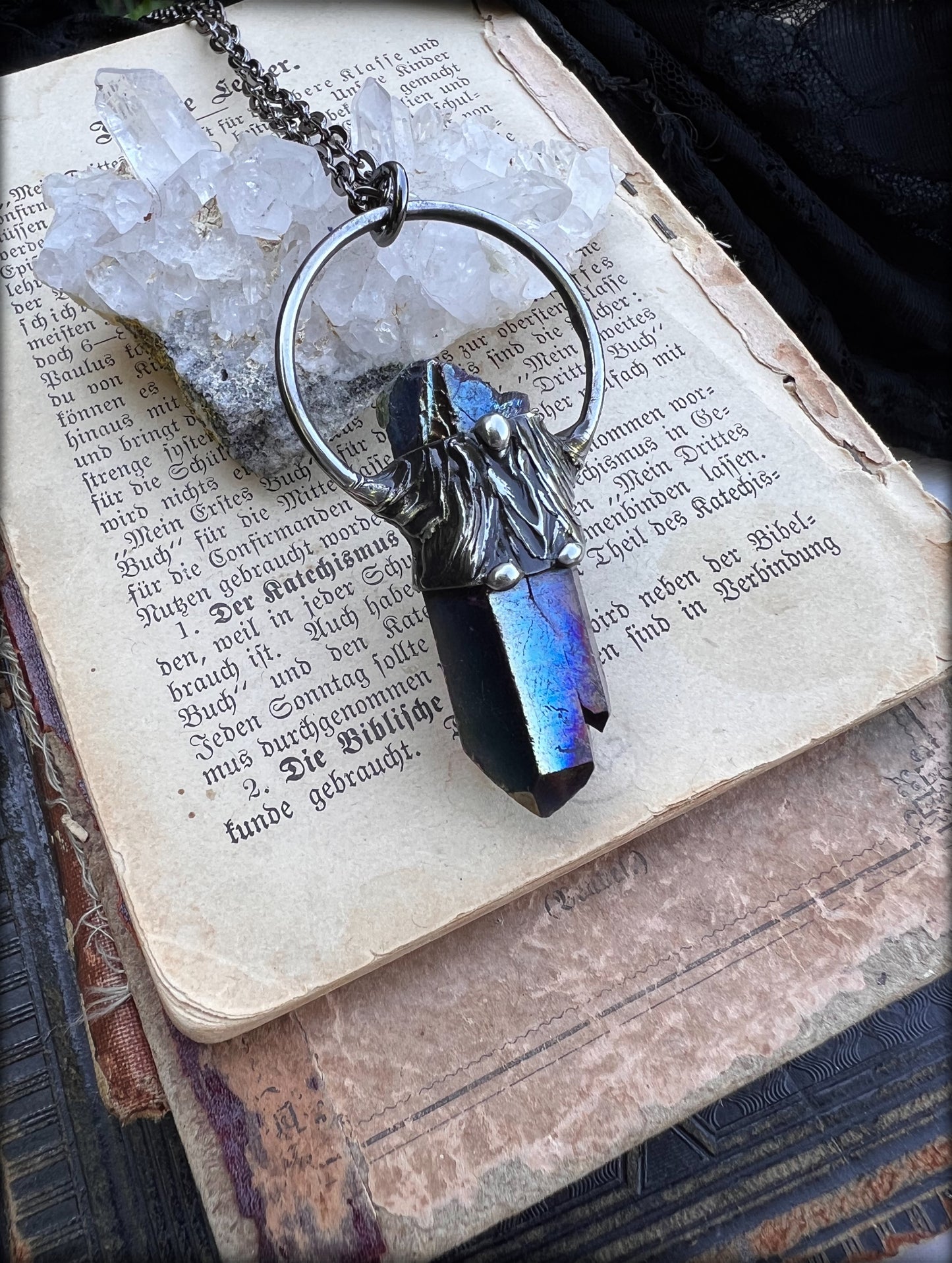 Bismuth fused crystal Tiffany Technique Talisman necklace~