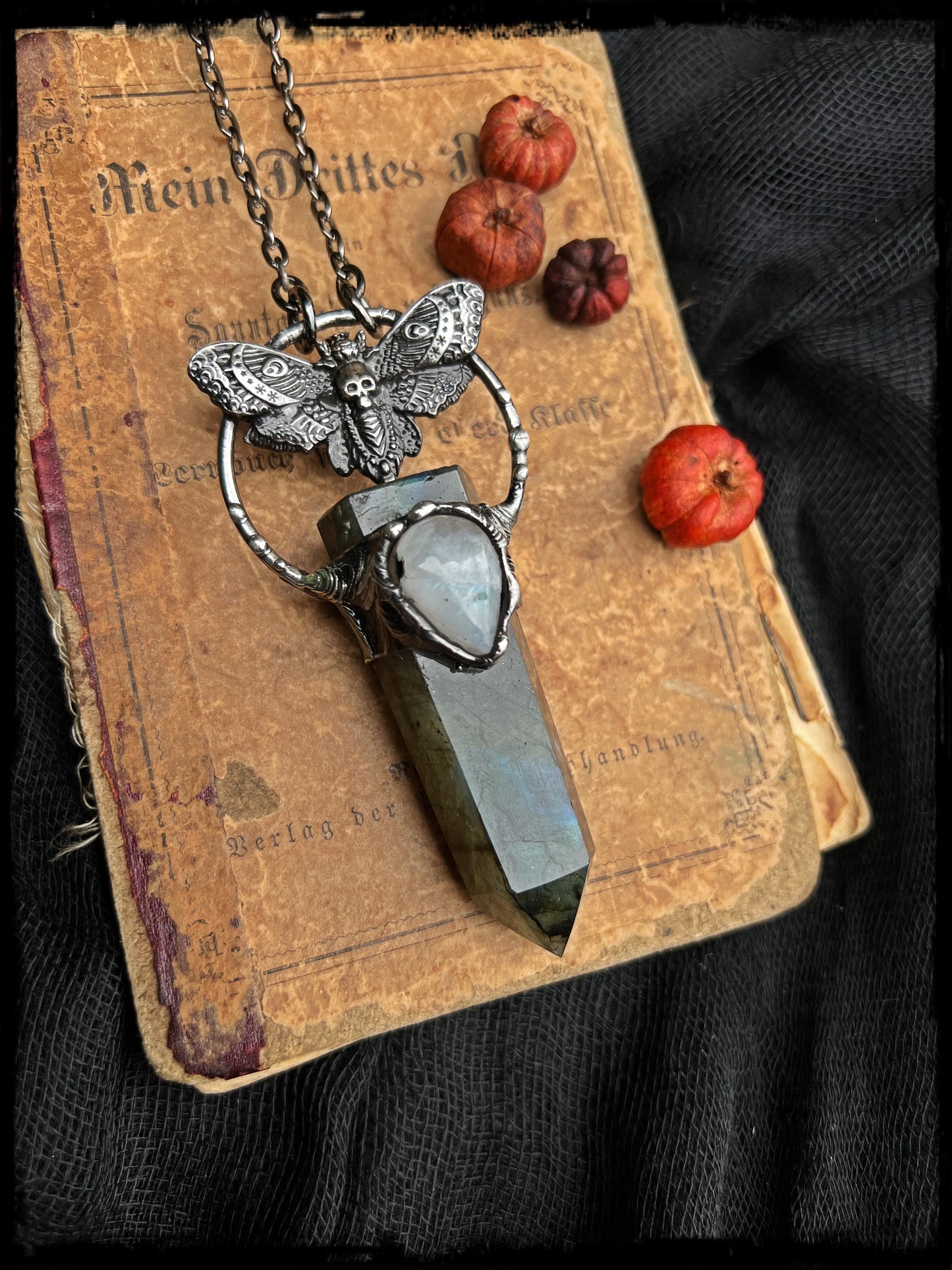 Acherontia~ Labradorite & rainbow moonstone death moth crystal necklace~