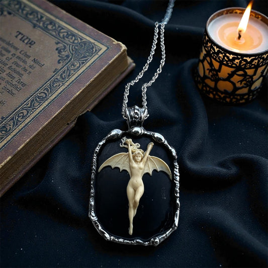 La Femme Chauve-Souris (Noir)~resin bat woman hand craftedTiffany technique necklace~