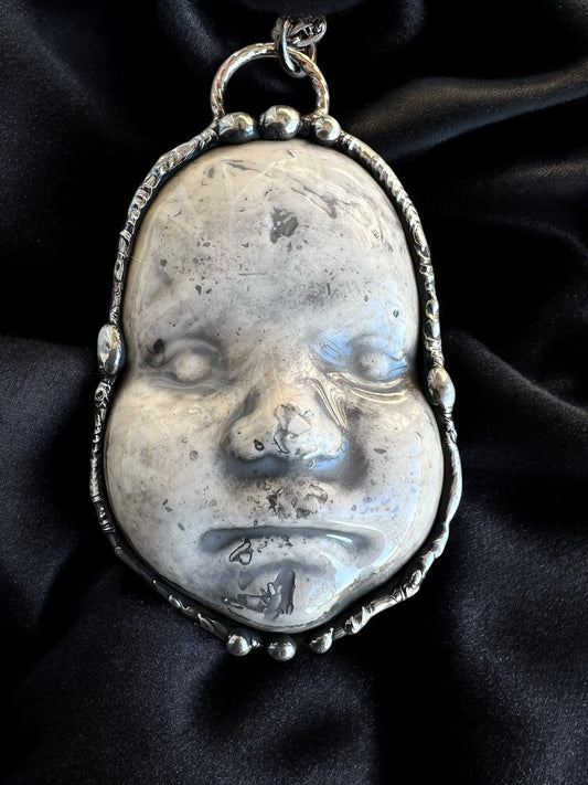 Baby creep~ {large}porcelain creepy baby doll face Tiffany technique necklace~