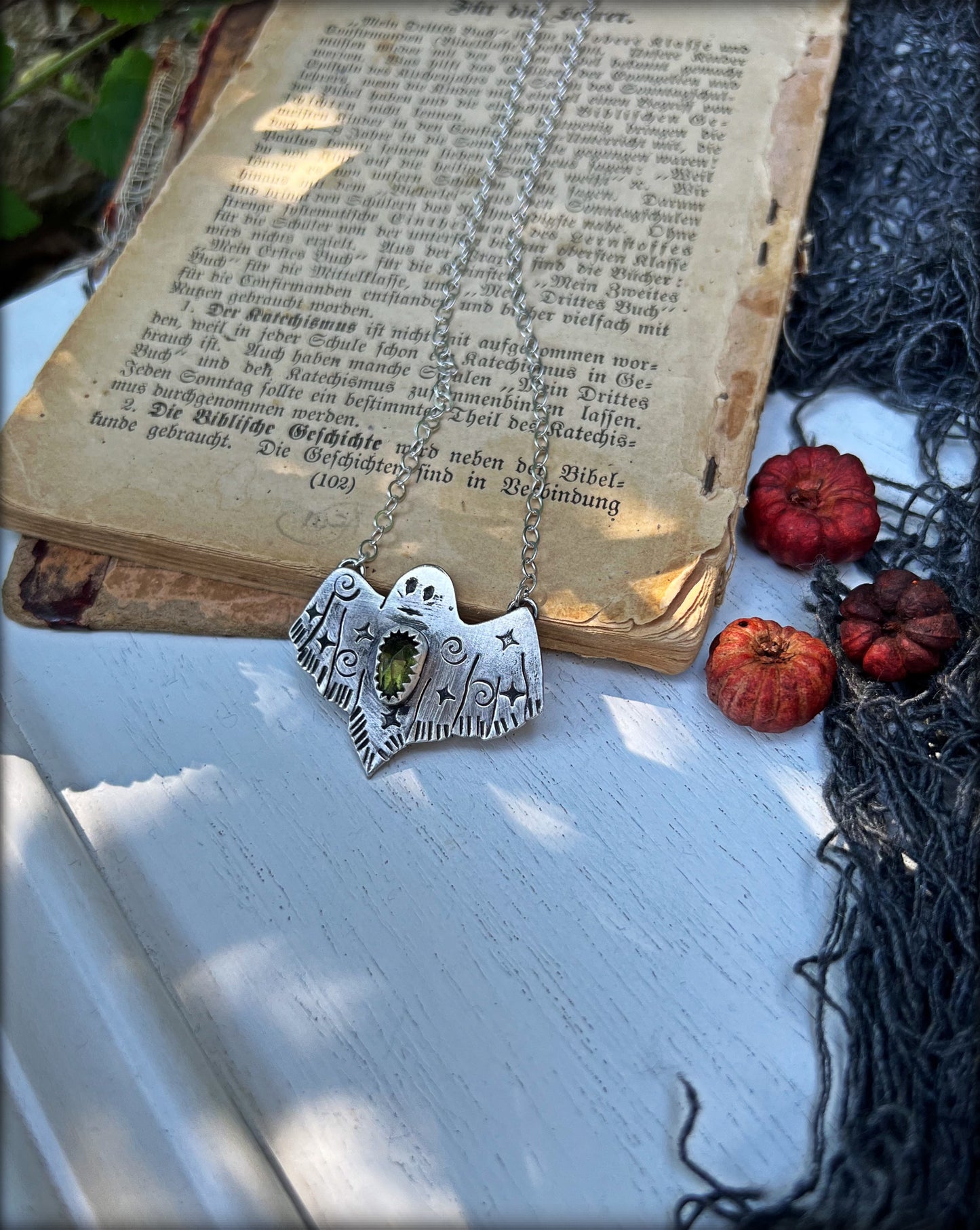 Ghostie~ hand crafted sterling silver rose cut peridot ghost necklace~