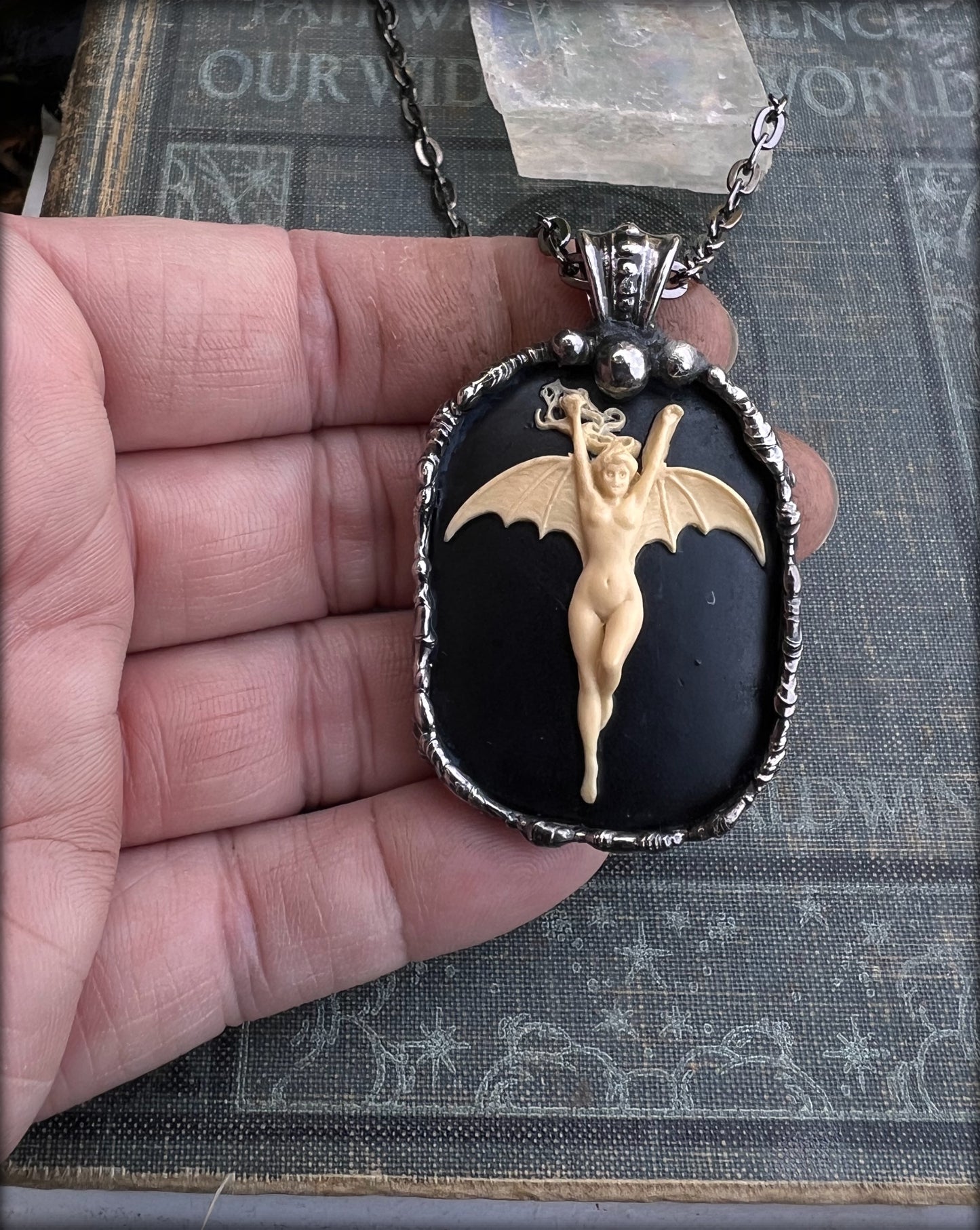 La Femme Chauve-Souris (Noir)~resin bat woman hand crafted made to order Tiffany technique necklace~