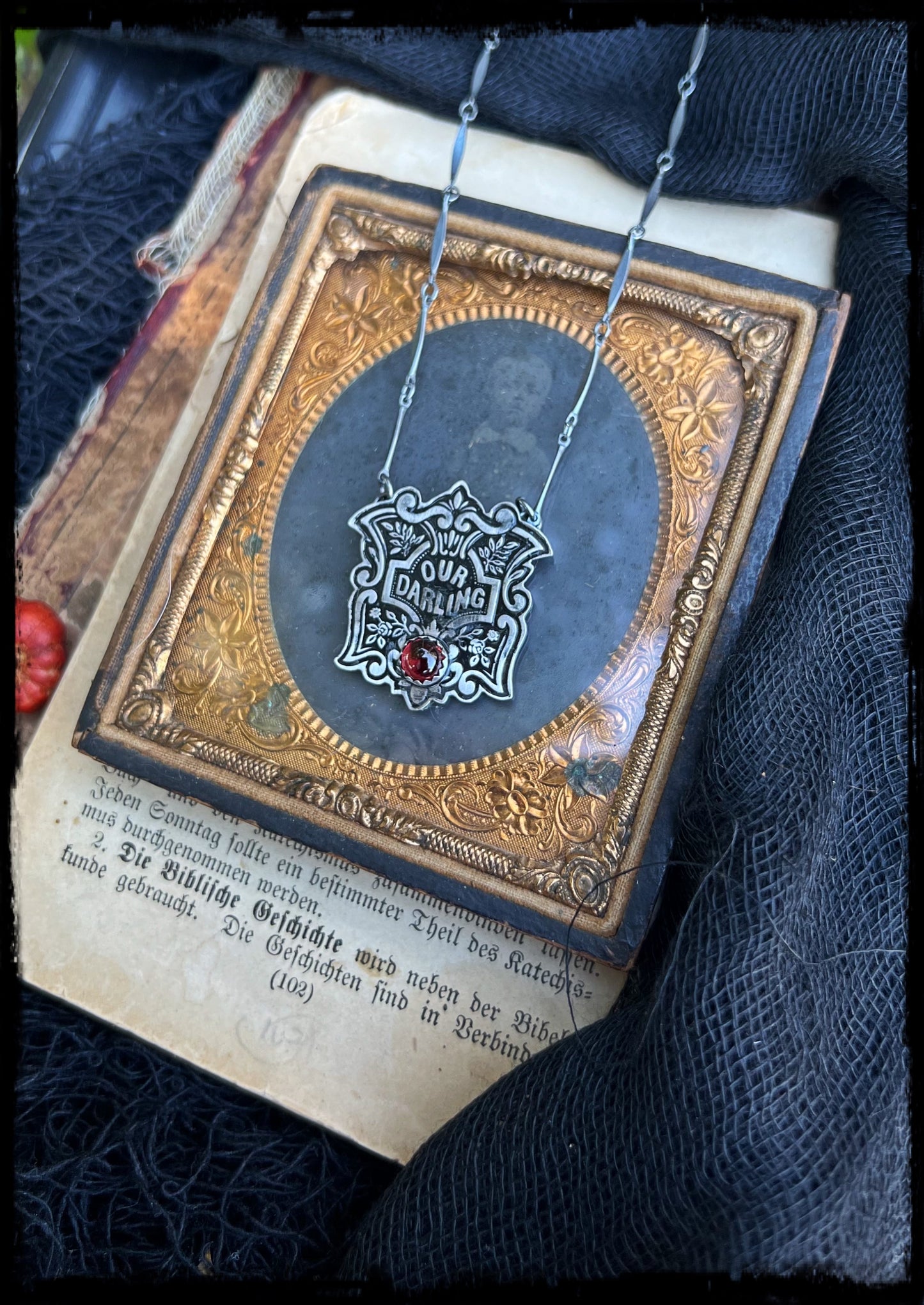 Victorian our darling coffin escutcheon~sterling silver & garnet layering necklace~