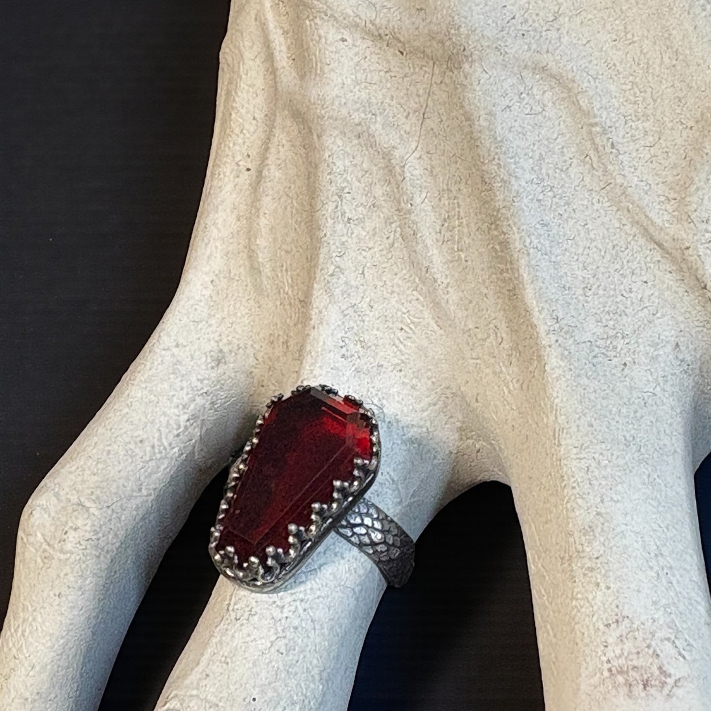 Haunted~Sterling and fine Silver coffin cut garnet ring size 6.5