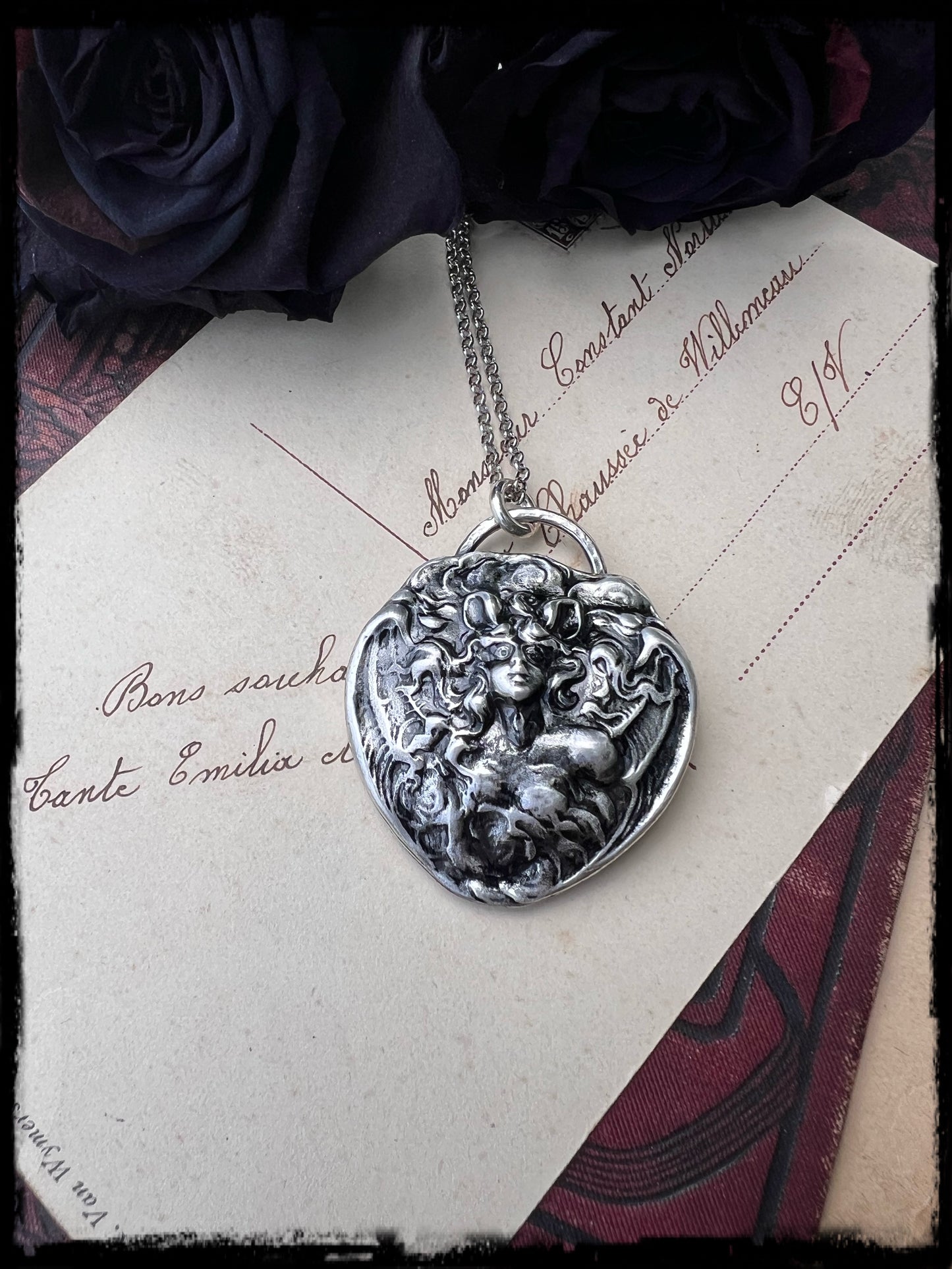 Unger Bros die cast Bat woman sterling and fine silver necklace MTO~