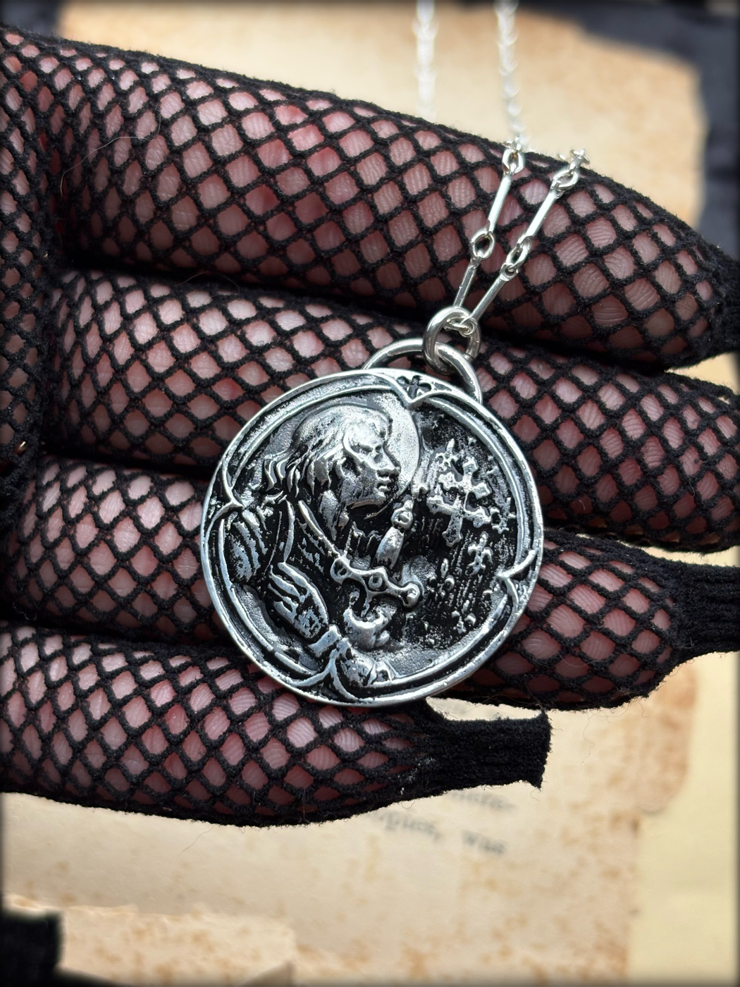 Handcrafted sterling and fine silver Joan of Arc necklace~