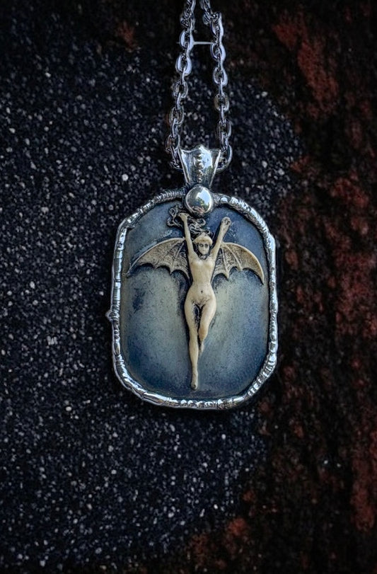 La Femme Chauve-Souris ~resin bat woman black & blue antiqued patina hand crafted Tiffany technique necklace~