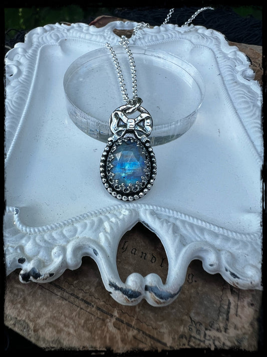 Forget me not~Hand crafted Sterling rose cut rainbow moonstone Victorian bow layering pendant necklace~