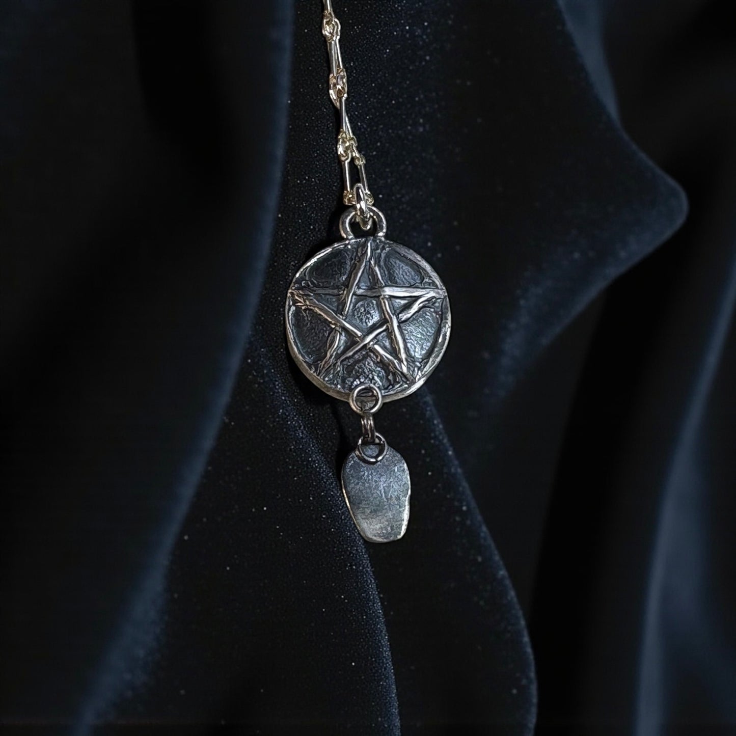 -The Unseen Pact -obsidian scrying mirror with reverse pentacle & coffin cut clear quartz hanging setting Sterling silver necklace-