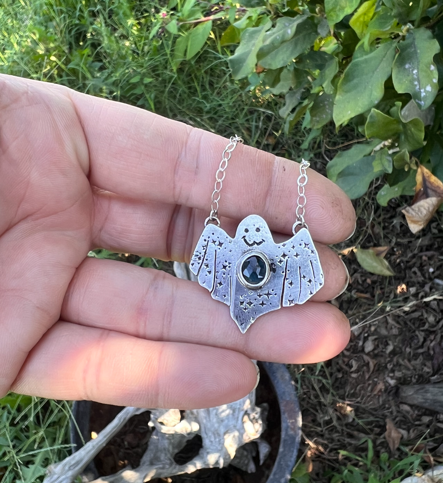 Ghostie~ hand crafted sterling silver rose cut blue tourmaline ghost necklace~