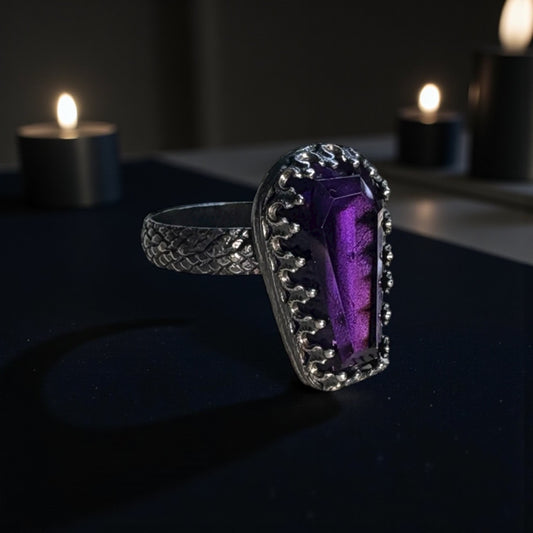 Haunted~Sterling and fine Silver coffin cut amethyst ring size 7-