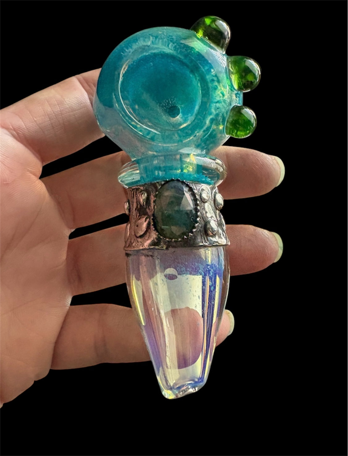 Stoned Alchemy -Ceremonial herb vessel(pipe)molten metal & green kyanite