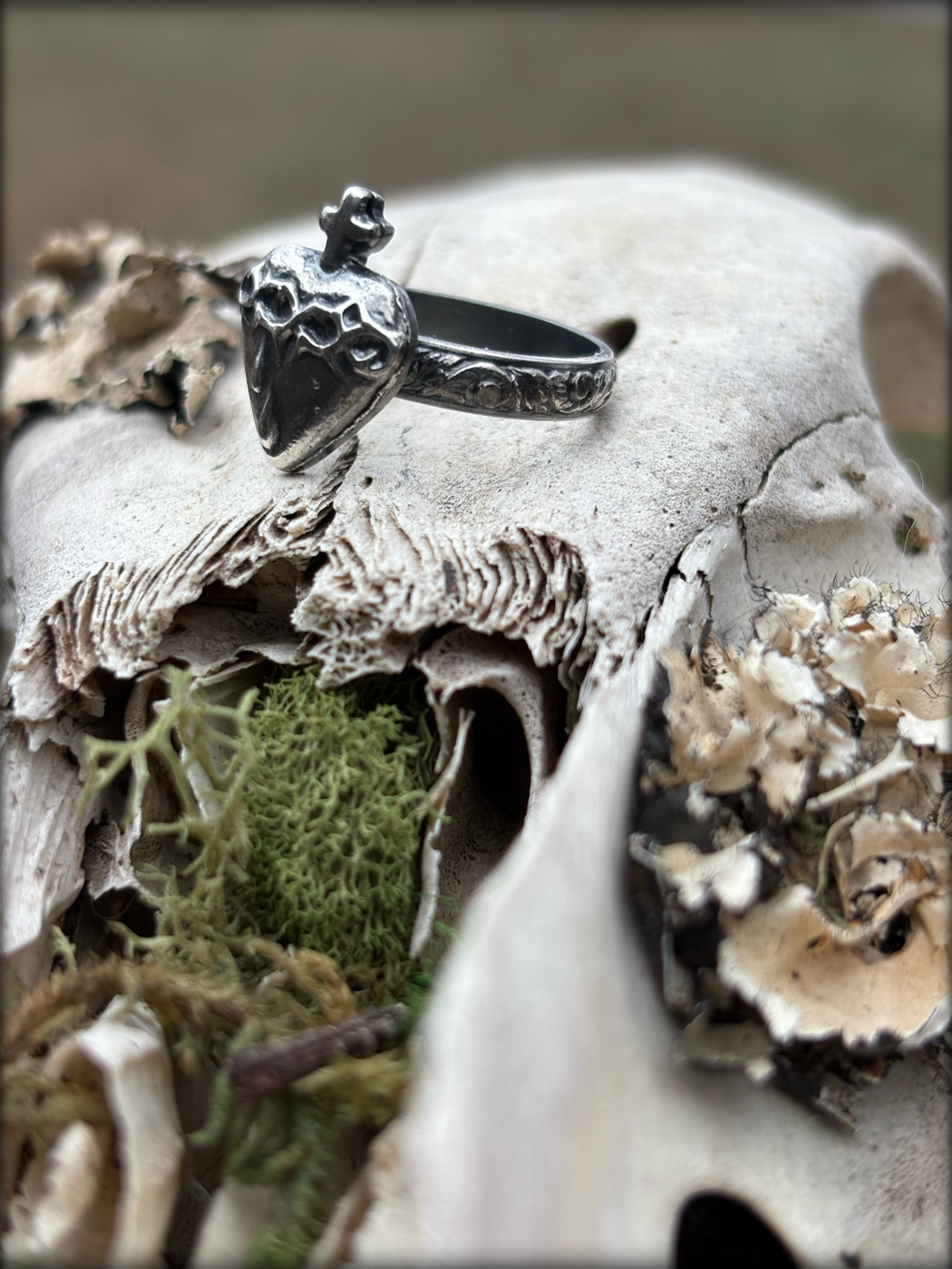 Sanguinem cor~Handcrafted sterling and fine silver bleeding heart ring size 7.5