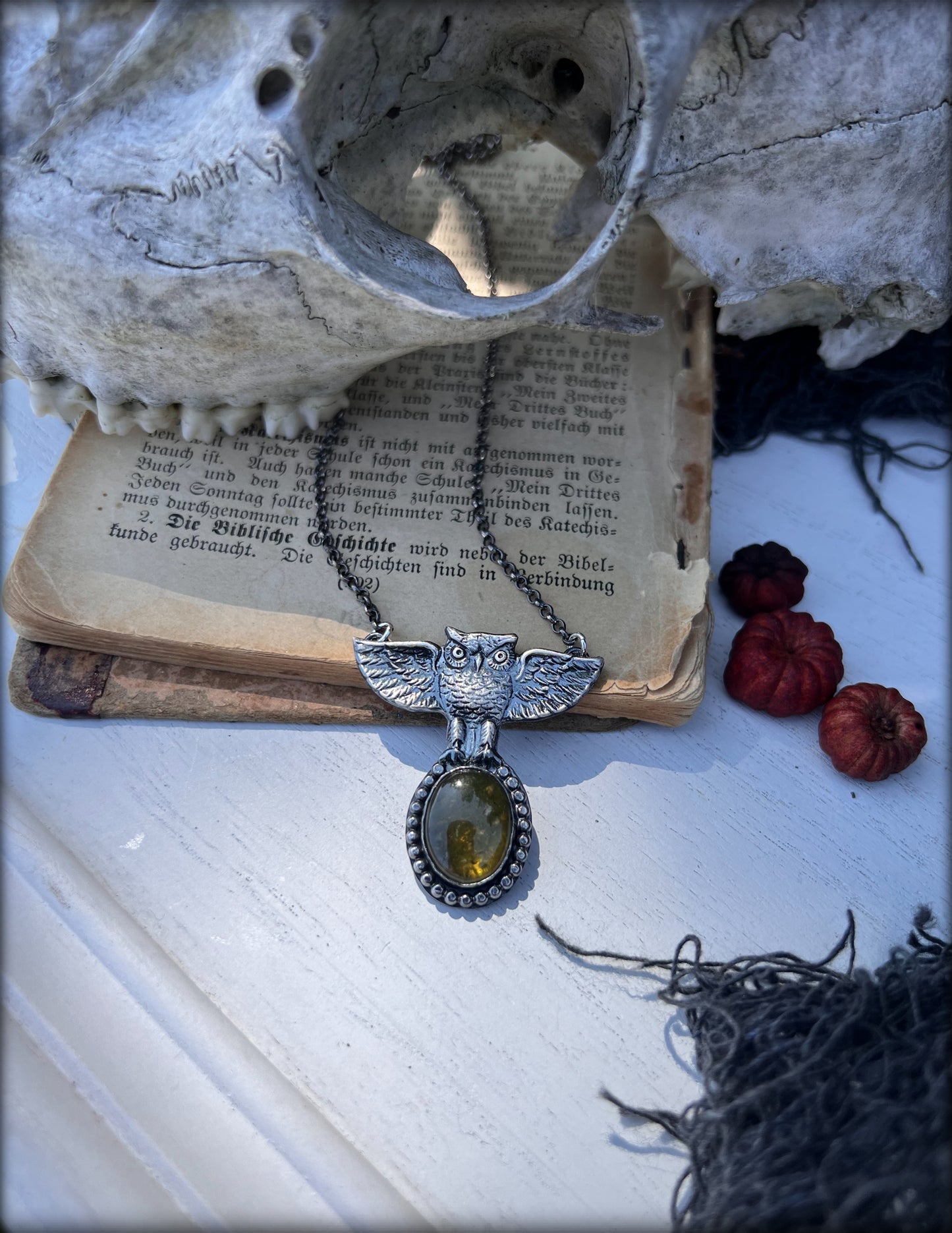 Glaukopis~Hand crafted Sterling owl with Olive vesuvianites statement pendant necklace~