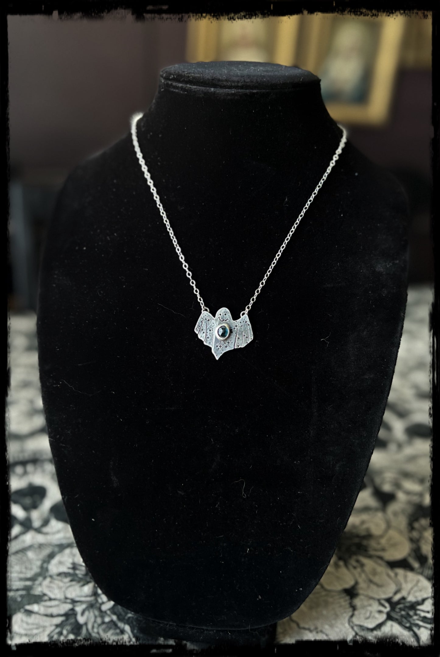 Ghostie~ hand crafted sterling silver rose cut blue tourmaline ghost necklace~