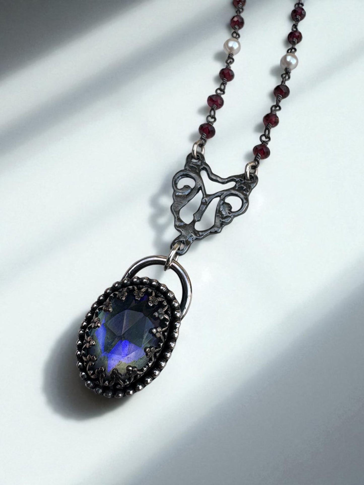 Mourning Chaplet – Sterling Silver Necklace with Mystic Quartz, Garnet & Pearl