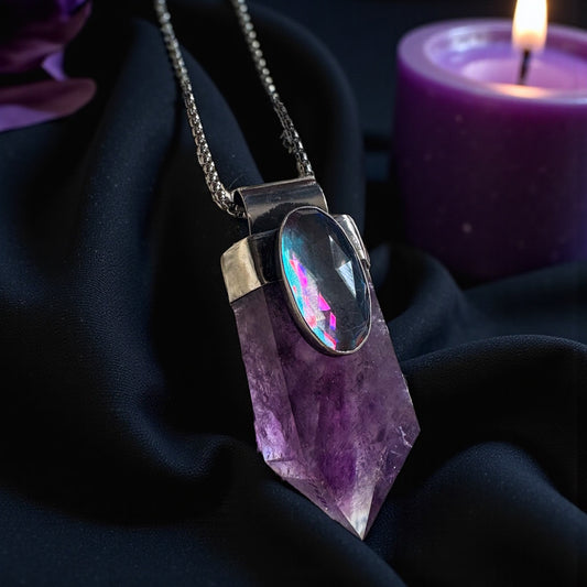 Arcana~Hand crafted sterling & fine silver amethyst faceted rainbow quartz crystal necklace~