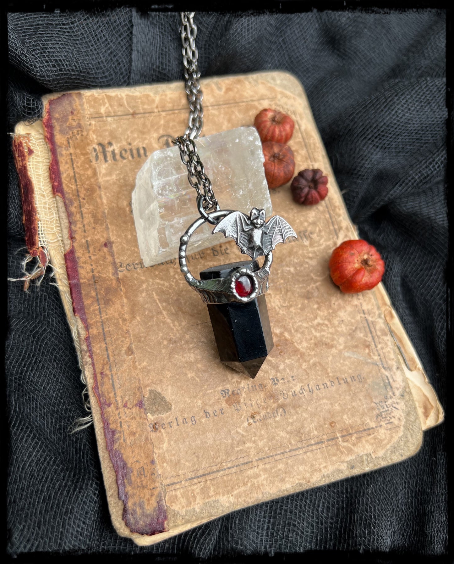 Bat in the belfry ~Obsidian & garnet bat crystal necklace~