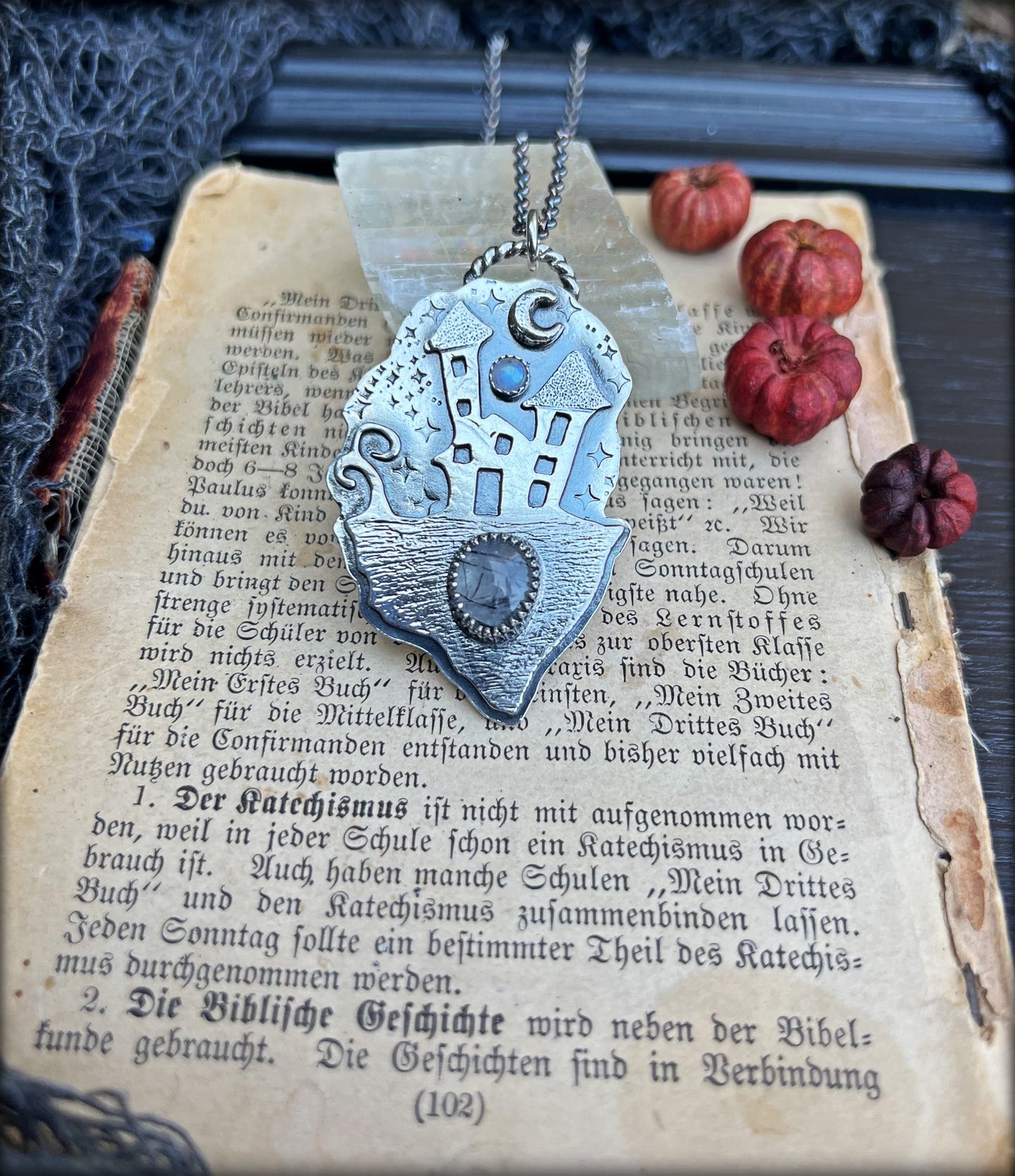 Haunted House~Hand crafted Sterling silver haunted house with rose cut black tourmaline included quartz & rainbow moonstone necklace~