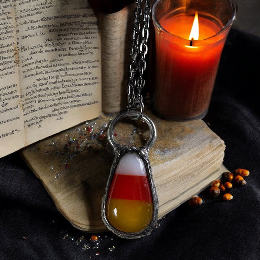 Trick or treat-Candy Corn Glass Talisman Necklace โ Tiffany Technique Artisan Pendant