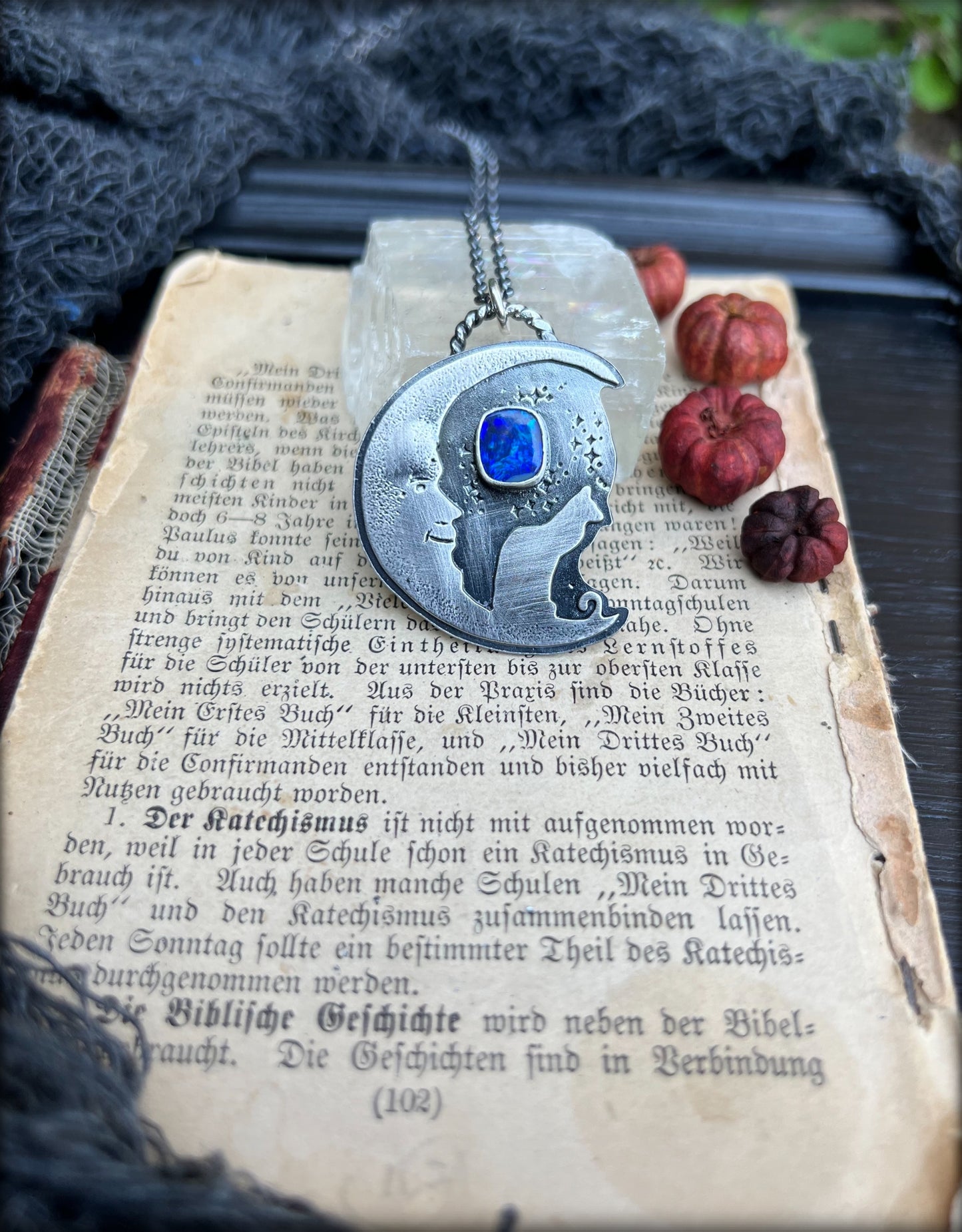 Dream a little dream~Sterling silver crescent man in the moon & cat boulder opal necklace ~