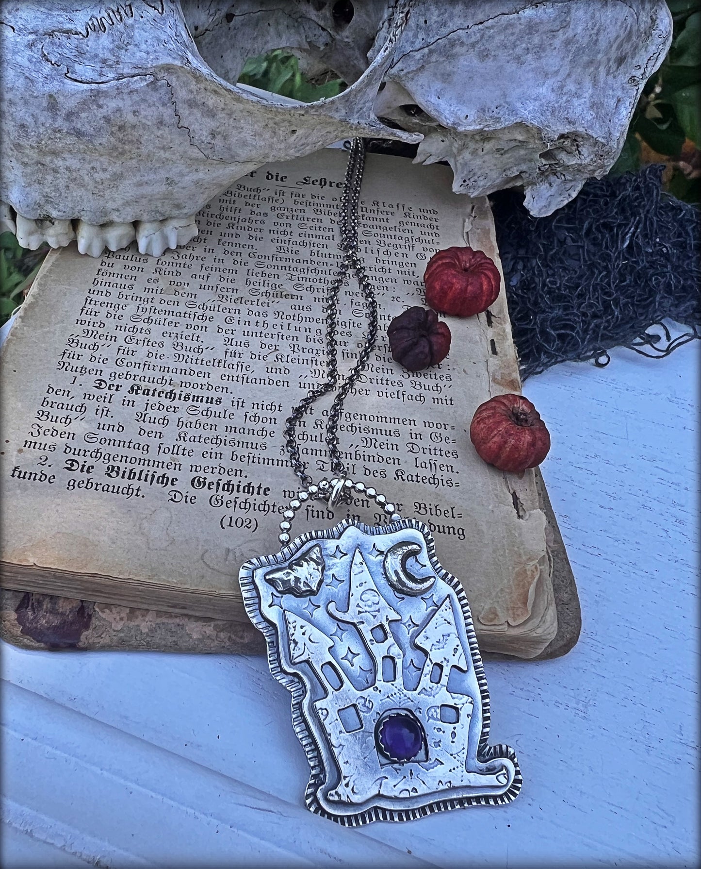 Haunted House~Hand crafted Sterling silver haunted house with amethyst necklace~
