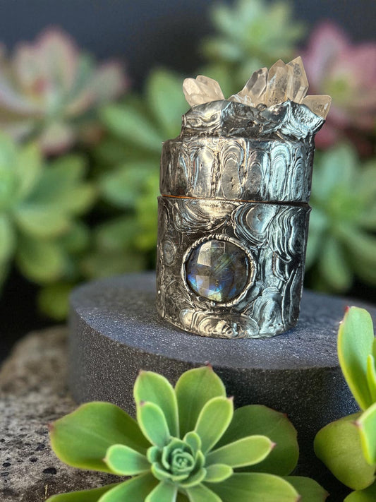 Stoned Alchemy High Priestess herbal jar(large)-clear quartz & Labradorite-