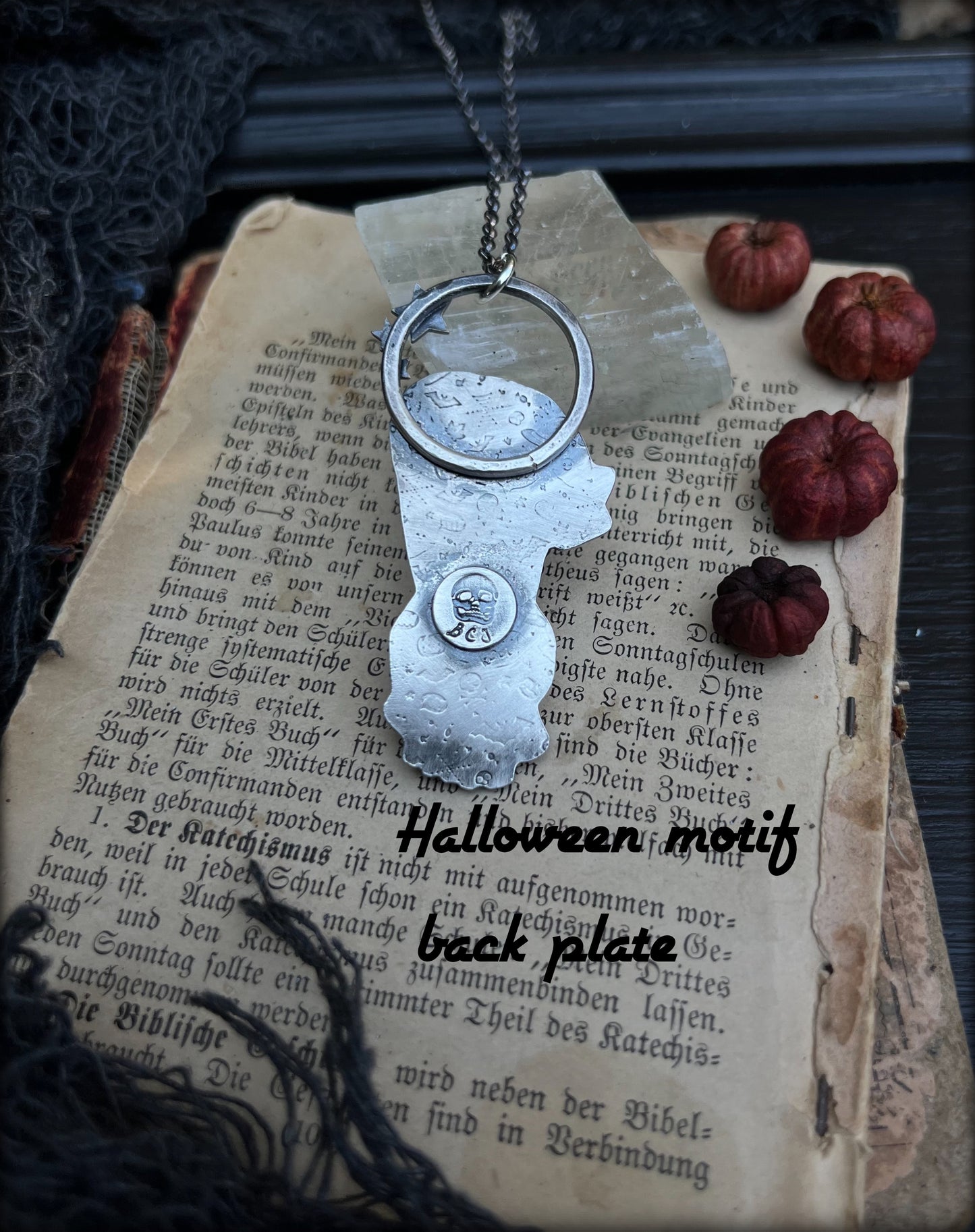 Scaredy-cat ~Hand crafted Sterling silver cat & skull with spiderweb garnet statement necklace ~